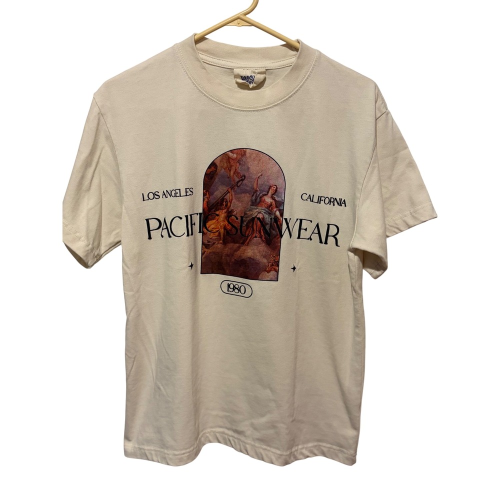 PacSun Mens Renaissance Art Graphic T-Shirt Cream Off-White Small 1980 LA CA